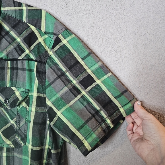 Rerun Mens Large Green Black Plaid Western Camp Shirt Button Cowboy - Picture 4 of 9